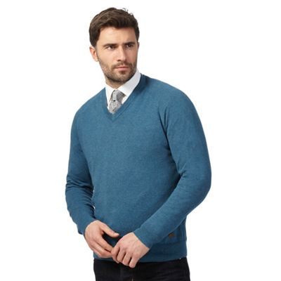 Big and tall turquoise v neck jumper with wool